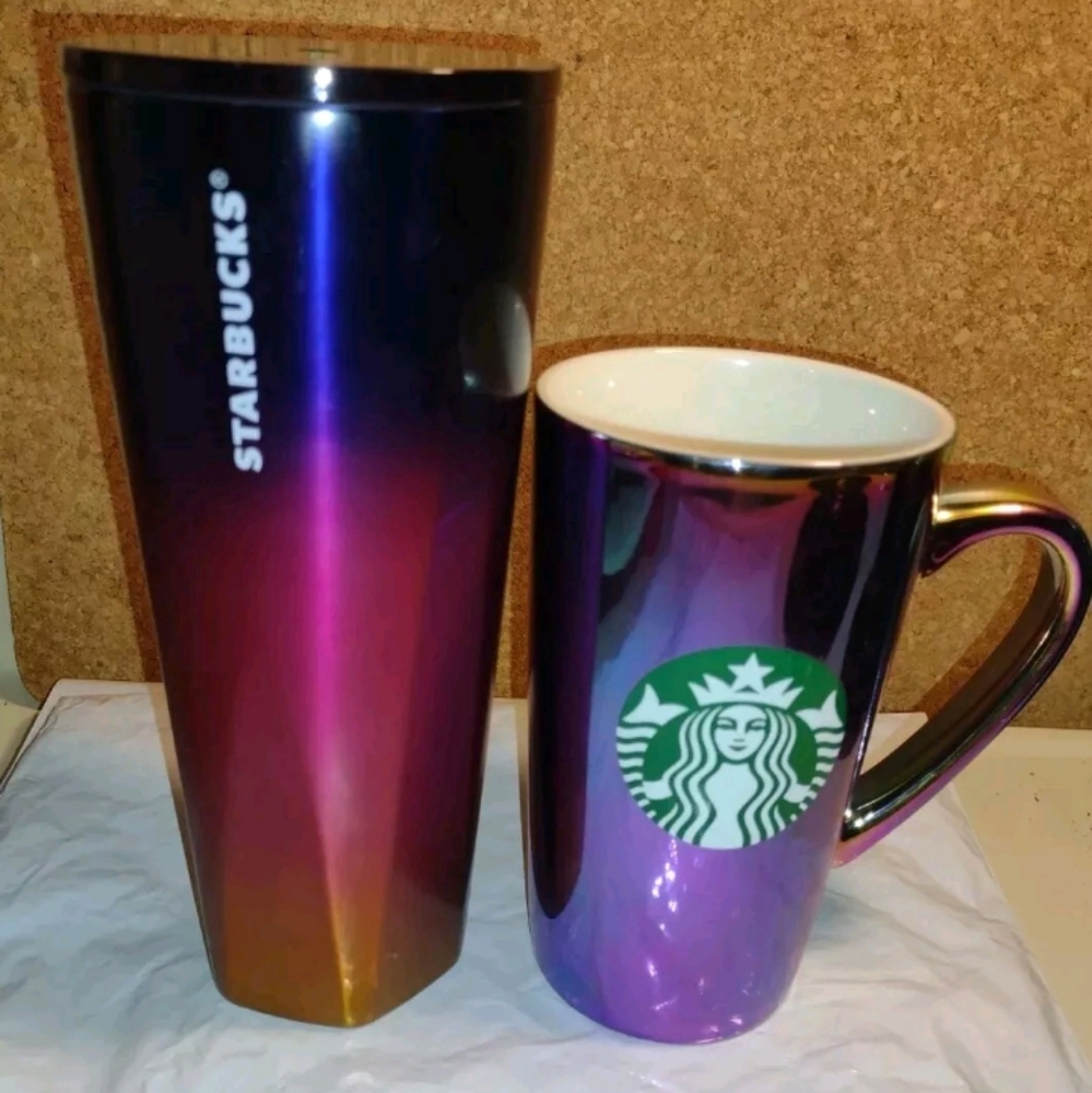 Starbucks Tumbler SS Rainbow 24oz & Ceramic Mug Oil Slick Siren 16oz 2022